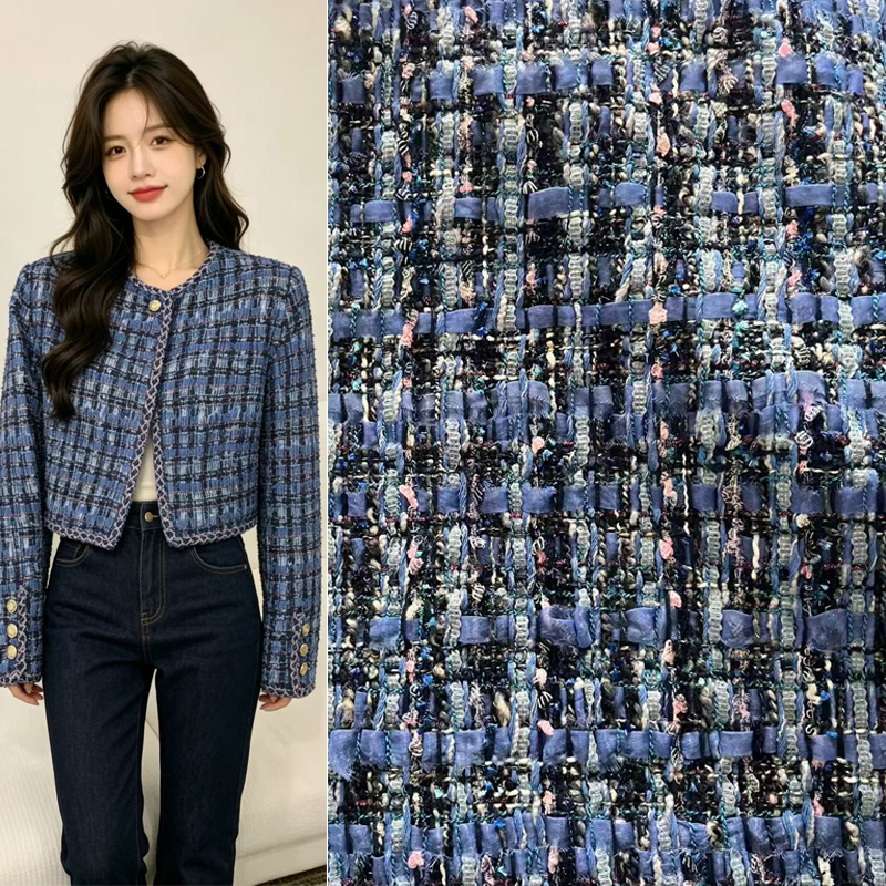 Sewing Tweed Fabric - ผ้าทวีดเนื้อหนาสีน้ำเงินย้อมเส้นด้าย คุณภาพพรีเมียม สำหรับเสื้อโค้ท ชุดเดรส แจ็คเก็ต ชุดสูท