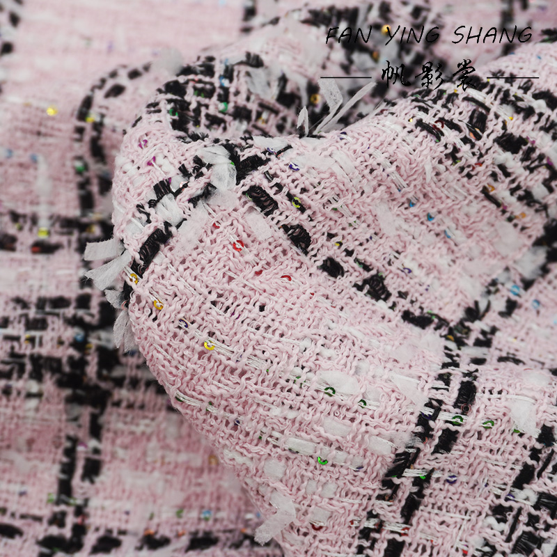 Sewing Tweed Fabric - ผ้าทวีดลายสก็อตสีชมพูคลาสสิกประดับเลื่อมสีสันสดใสสำหรับทำเสื้อโค้ท ขายเป็นหลา ผ้ากลิตเตอร์ ผ้าสำหรับงานเย็บปักถักร้อย ผ้าสำหรับงาน DIY