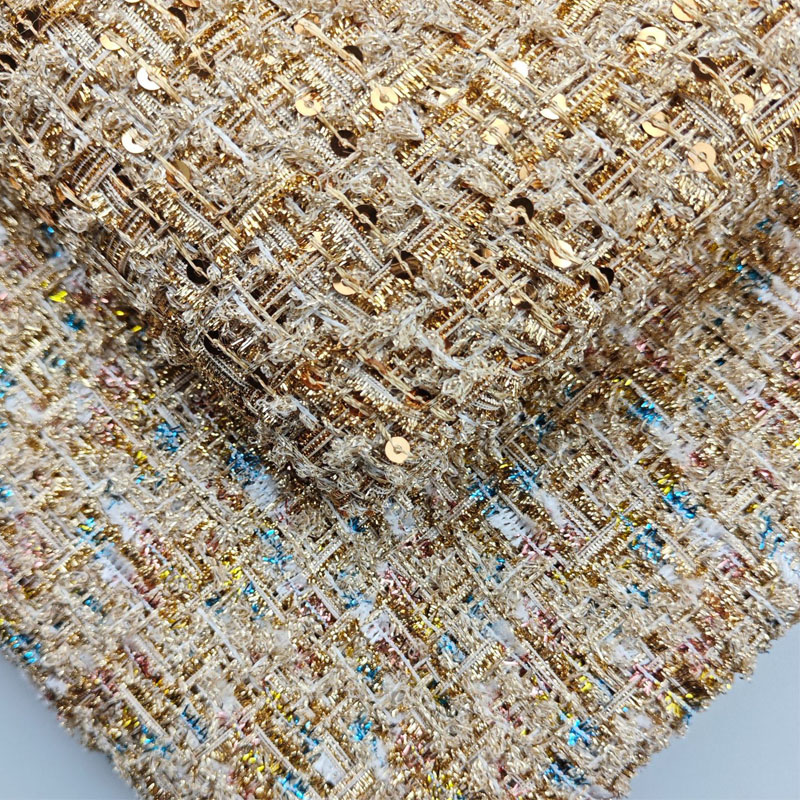 Sewing Tweed Fabric - ผ้าทวีดถักลายเส้นทองและเลื่อมย้อมสี สำหรับเสื้อแจ็คเก็ต ชุดเดรส เสื้อโค้ท ผ้าสำหรับงาน DIY