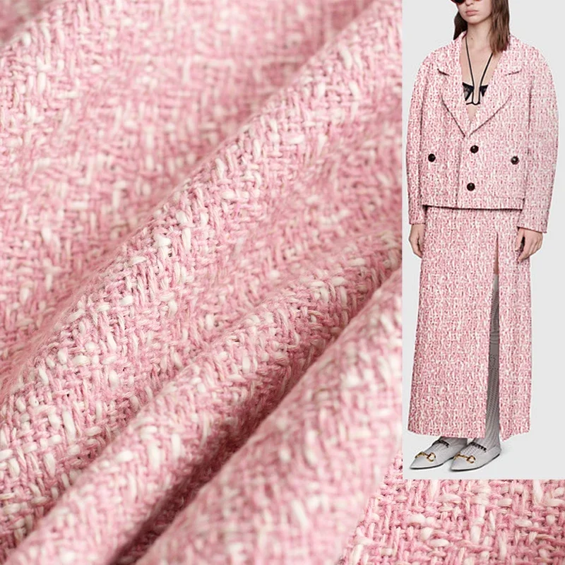 Sewing Tweed Fabric - Redraspberry 145 ซม.สีชมพูสีขาวขนสัตว์ Tweed ผ้าเสื้อผ้าวัสดุฤดูใบไม้ร่วงผู้หญิงเสื้อ DIY