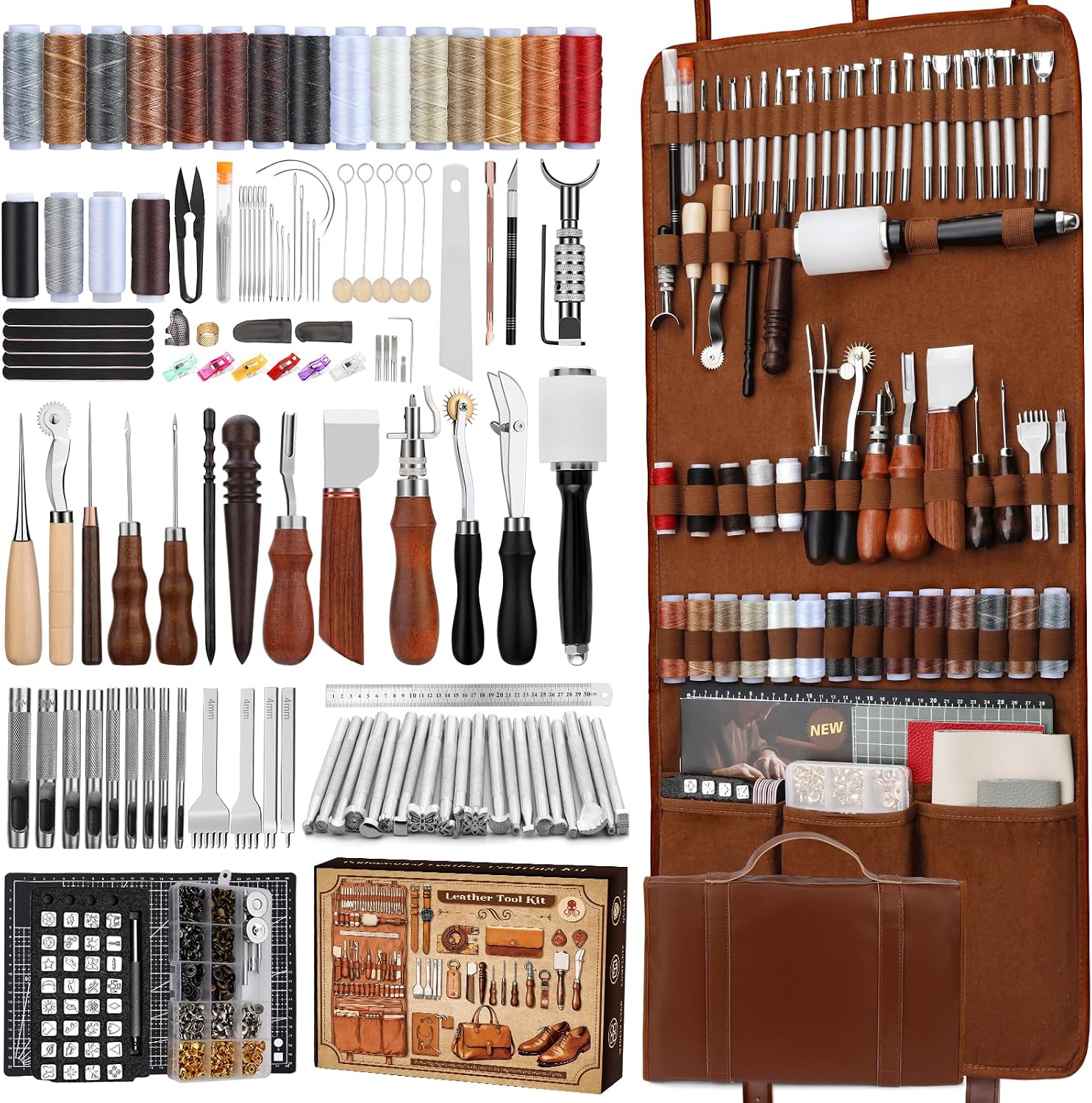 Sewing Kit - ชุดอุปกรณ์งานหนัง, เครื่องมือทำงานหนังและชุดงานฝีมือพร้อมกระเป๋าเก็บของแบบกำหนดเอง, อุปกรณ์แกะสลัก, ตัด, เย็บ, ปั๊ม,