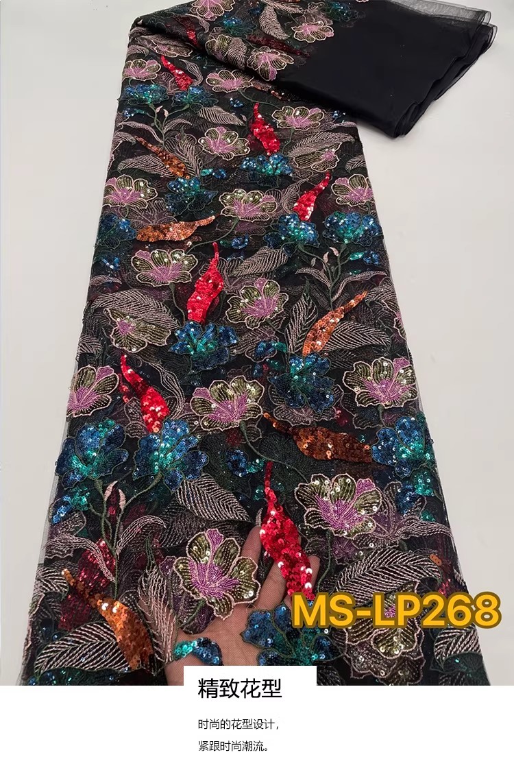 Sewing Garments - ผ้าตาข่ายเนื้อนุ่มแบบใหม่ 1 หลา ผ้าปักลายดอกไม้ประดับเลื่อมสองสี หรูหรา สำหรับตัดเย็บชุดกี่เพ้า